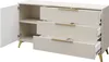 A beige sideboard with gold handles and legs is shown with one door open, revealing shelves and three drawers. The drawers are partially open. Náhľad obrázku produktu