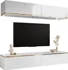 A modern white high-gloss wall-mounted entertainment center with a television and decorative items. Produktbild-Vorschau