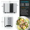 A product image showing a toaster with dimensions and feature callouts, alongside a lifestyle shot of toast with toppings. Voir les images du produit