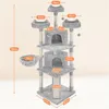 A detailed diagram of a multi-level cat tree with dimensions indicated by measurement lines and text labels. Podgląd zdjęcia produktu