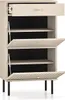 A beige shoe cabinet with open doors and a drawer, standing on black legs. Náhľad obrázku produktu