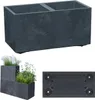 A dark gray, rectangular planter with two compartments, shown from the front. A smaller image below shows a tiered planter with plants, and another image shows the underside of a planter. Náhled obrázku produktu