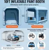Collage of images showing an inflatable paint booth with dimensions and recommended vehicle sizes. Náhľad obrázku produktu