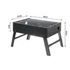 A black portable folding charcoal grill with dimensions indicated by measurement lines and text. Produktbild-Vorschau
