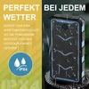 A power bank with water droplets on it, implying water resistance, with promotional text about its suitability for all weather conditions. Produktbild-Vorschau