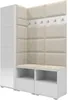 A white and cream corner hallway unit with a tall cabinet, a bench with shoe storage, and a padded back panel with coat hooks. Náhled obrázku produktu