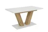 A dining table with a white top and wooden legs on a white background. Produktbild-Vorschau