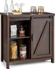 A dark brown wooden sideboard buffet with a sliding barn door, displaying various kitchen items on its shelves and top surface. Podgląd zdjęcia produktu