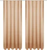 Two beige curtains hanging vertically against a white background.