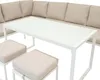 A white outdoor furniture set with a sectional sofa, a rectangular table, and two ottomans, presented on a white background. Produktbild-Vorschau