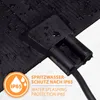 Close-up of a black heating mat with water droplets on it, showing a connection point and text overlays indicating water protection. Produktbild-Vorschau