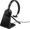 A black Jabra Evolve 65 TE Mono headset with its charging base, presented on a white background. Anteprima dell’immagine prodotto