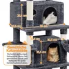 A close-up view of a multi-level cat tree with two cats inside. Produktbild-Vorschau