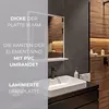 A modern bathroom vanity with a sink and mirror, featuring product feature callouts. Produktbild-Vorschau
