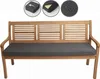 A wooden bench with a dark gray cushion on it, presented on a white background. Three circular insets are visible at the top, showing details of the cushion. Produktbild-Vorschau