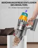 A hand is holding a cordless vacuum cleaner and emptying its contents into a white bin. Produktbild-Vorschau
