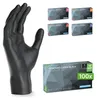 A black latex glove is shown in the foreground, with several boxes of gloves in different sizes in the background. A larger box of gloves is also shown in the bottom right corner. Produktbild-Vorschau