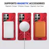 Three red phone cases are displayed side-by-side, each showing a different magnetic accessory attached. Produktbild-Vorschau