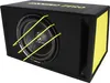 A Ground Zero subwoofer in a black enclosure with yellow accents and protective bars. Produktbild-Vorschau
