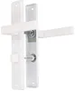 A white door handle set with mounting hardware. Produktbild-Vorschau
