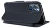 A dark blue flip case for an iPhone is shown from the back, with the phone partially inserted. Produktbild-Vorschau