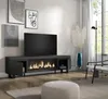 A modern living room with a TV stand featuring an electric fireplace, artwork on the wall, and a floor lamp. Produktbild-Vorschau