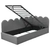 A gray upholstered bed frame with the mattress support mechanism lifted, revealing the storage space underneath. Náhľad obrázku produktu