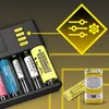 A battery charger with various batteries inserted and some batteries next to it, with graphic overlays indicating settings and features. Voir les images du produit