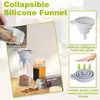 A collage of images showing a collapsible silicone funnel being used to fill spice jars, along with product feature callouts. Produktbild-Vorschau