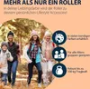 A group of people walking in a forest, with marketing text and icons on the right side. Produktbild-Vorschau