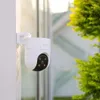 A white security camera mounted on a white pole, with green foliage in the background. Anteprima dell’immagine prodotto
