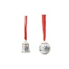 Two Christmas ornaments, a bell and a ball, hanging from red ribbons against a white background. Produktbild-Vorschau