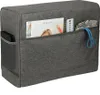 A grey fabric storage cover for a sewing machine, with pockets holding various items. Produktbild-Vorschau