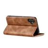 A brown flip cover case for a smartphone is shown in a side view, propped open. Produktbild-Vorschau