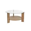A round glass-top coffee table with a wooden shelf and wooden legs, isolated on a white background. Produktbild-Vorschau