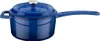 A blue cast iron pot with a silver lid handle and a long handle on a white background. Anteprima dell’immagine prodotto
