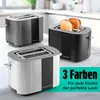 Three toasters of the same model in different colors (black, silver, and gray) are displayed on a kitchen counter. One black toaster has two slices of toast in it. A green overlay with text is in the bottom right corner. Anteprima dell’immagine prodotto