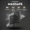 A marketing image for a MagSafe compatible power bank, showcasing its features and specifications against a dark, textured background. Produktbild-Vorschau