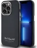 A black Karl Lagerfeld phone case is shown on a white background, with the screen of an iPhone 14 Pro visible inside the case. Produktbild-Vorschau