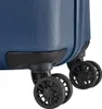 Close-up view of the wheels and textured surface of a blue suitcase. Náhľad obrázku produktu