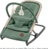 A green baby bouncer with wooden accents and hanging toys. Produktbild-Vorschau