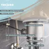 Close-up view of a sink drain assembly with descriptive text overlays. Produktbild-Vorschau