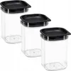 Three clear plastic food storage containers with black lids are arranged diagonally on a white background. Produktbild-Vorschau