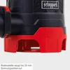 Close-up of the base of a black and red submersible pump, showing the Scheppach logo and text describing its particle size capacity. Produktbild-Vorschau