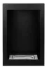 A black recessed fireplace with a silver burner at the bottom, presented against a black background. Voir les images du produit