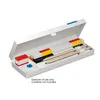 A white pencil case with various stationery items inside, including pencils, erasers, and rulers, arranged neatly. Produktbild-Vorschau