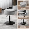 A collage of images showing a gray velvet stool with storage, highlighting its features. Produktbild-Vorschau