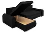 A black sectional sofa with its storage compartment open, shown against a white background. Produktbild-Vorschau