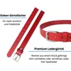 A red leather belt is shown with text highlighting its features. Produktbild-Vorschau