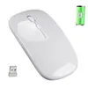 A white wireless mouse with a USB receiver and a battery icon. Produktbild-Vorschau